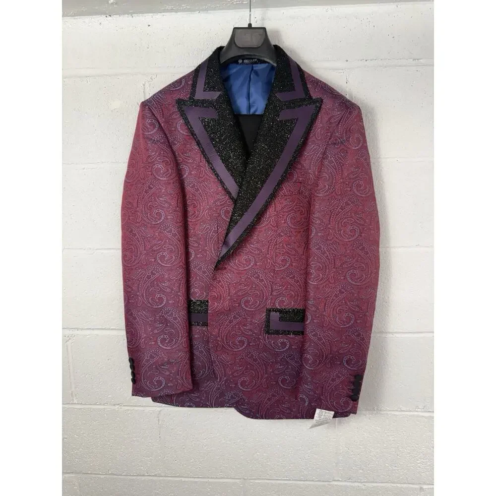 Ziggler Milano Mens Tuxedo Suit Blazer Pants Paisley Red Blue US 46 EU 56 T10